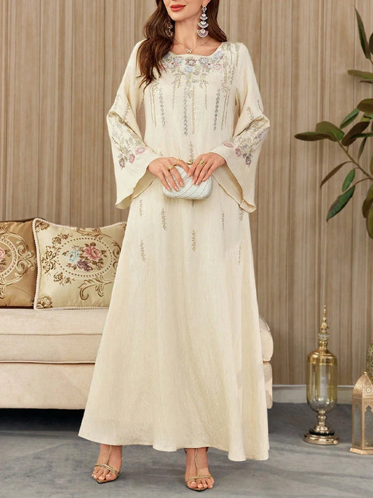 Elegant Floral Jalabiya with Square Neckline – Modest Summer Dress | Velurro