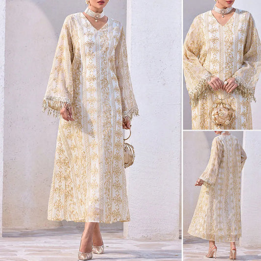 Luxury Gold Embroidered Maxi Dress – Summer Fringe Edition | Velurro
